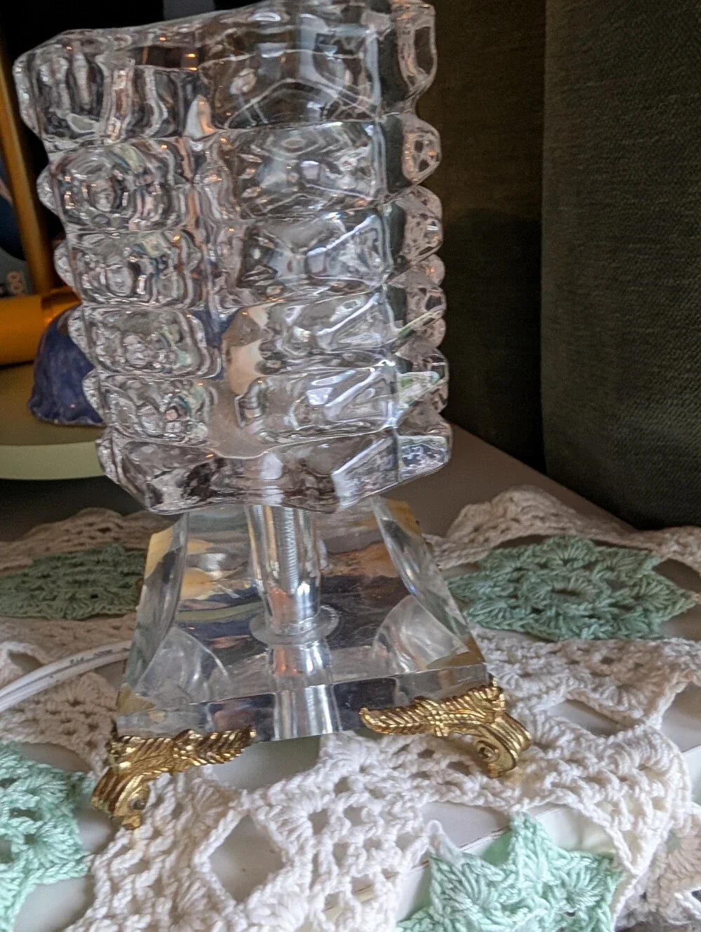 Vintage Hollywood Regency Heavy Ice Glass Accent Table Lamp with Ormolu Feet